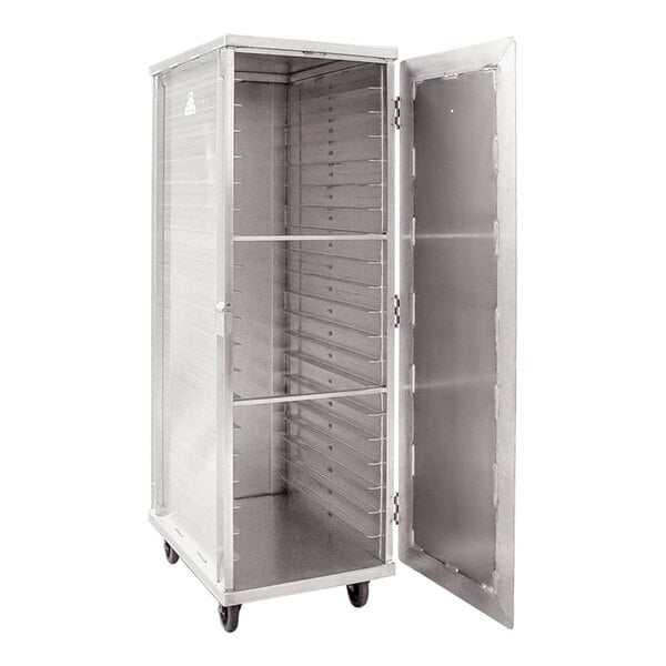 A heavy-duty, full-size, enclosed aluminum sheet pan rack with multiple angle ledges and a front-loading door, designed to hold up to 20 pans and mounted on wheels for mobility.