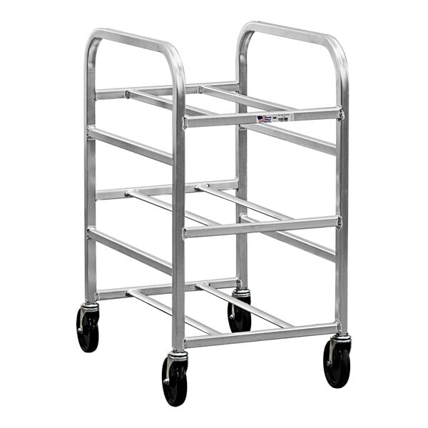 A heavy-duty aluminum universal lug dolly with four wheels and a three-lug design.