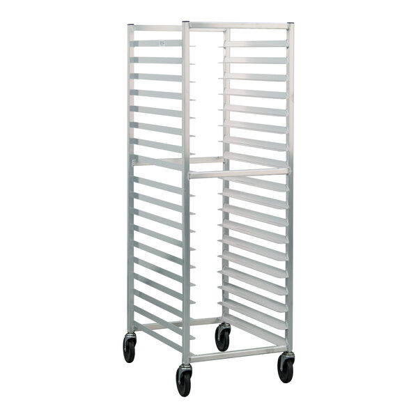 A mobile aluminum rack designed to hold 18 full-size pans, commonly used in commercial kitchens for refrigeration or proofing.