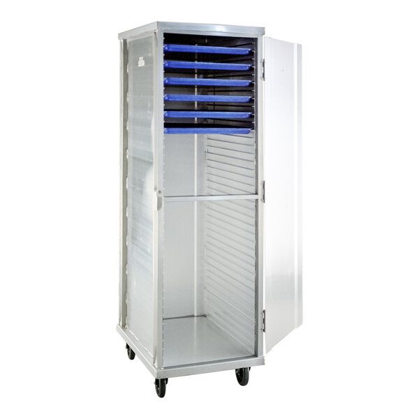 A full-size mobile aluminum enclosed sheet pan rack with a clear door and multiple blue pans inside.