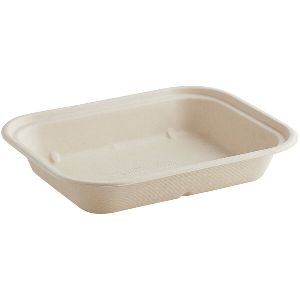 A rectangular compostable fiber food container.