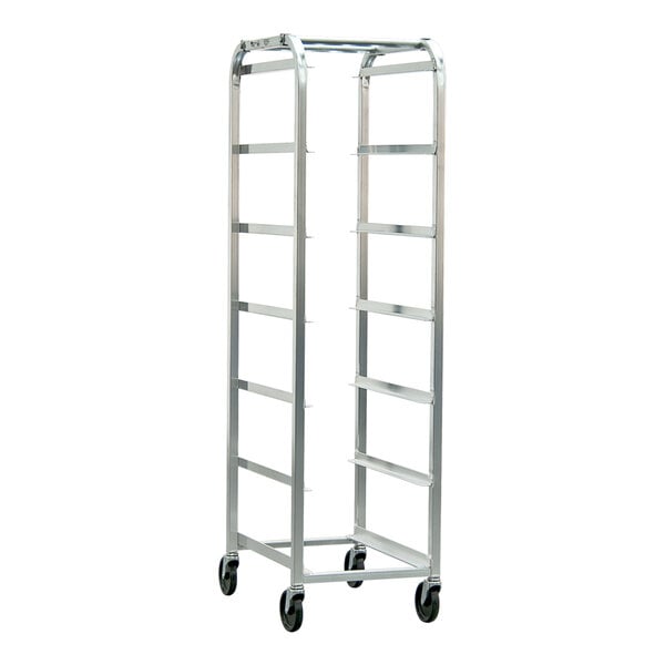 An aluminum lug dolly with six slots and four caster wheels, designed for transporting lugs.
