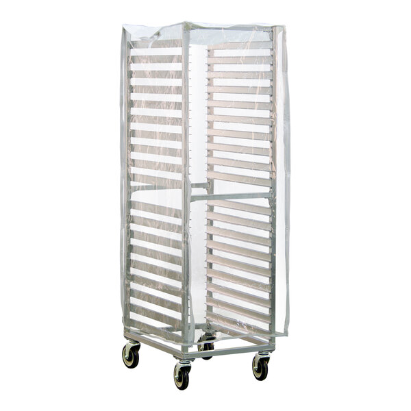 A clear heavy-duty vinyl cover for a sheet pan rack.