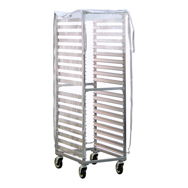 A clear heavy-duty vinyl cover fitted over a tall metal sheet pan rack on wheels.