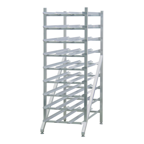 A large, heavy-duty, full-size aluminum stationary can rack designed to hold #10 and #5 cans.