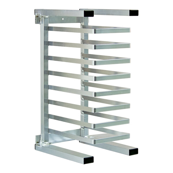 An aluminum countertop pizza pan rack with 8 slots for holding 10 to 18 inch pans.