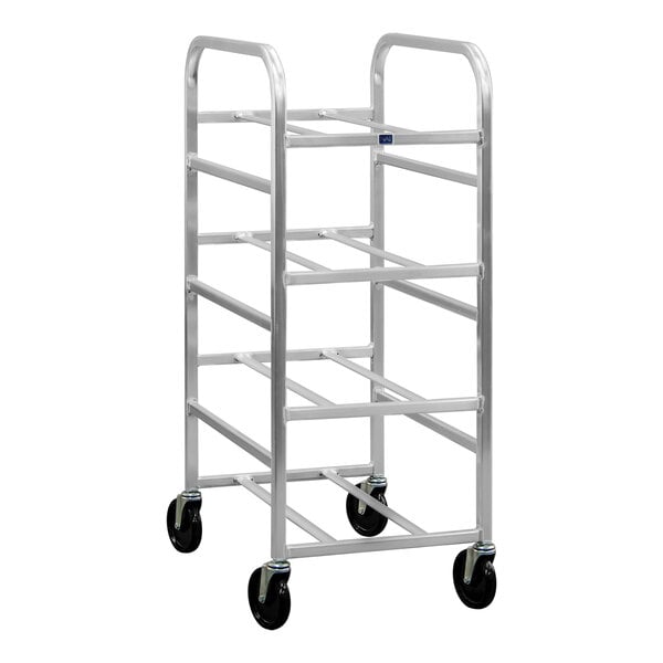 A heavy-duty aluminum universal lug dolly with four shelves and four caster wheels.