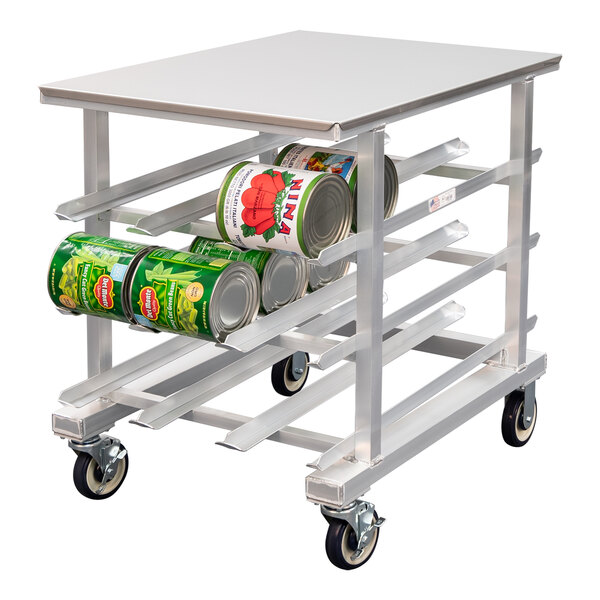 A heavy-duty aluminum mobile can rack with a stainless steel top, designed for storing #10 and #5 cans.