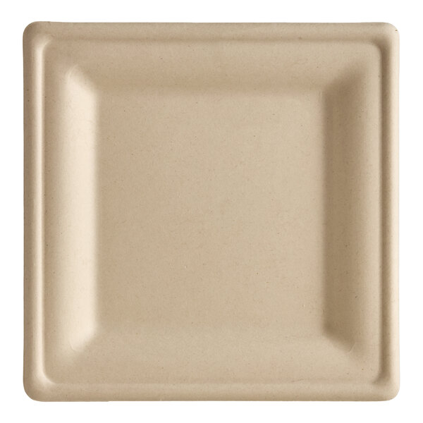 A square, beige compostable fiber plate.