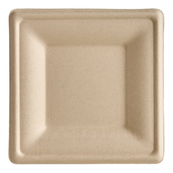 A square, beige compostable fiber plate.