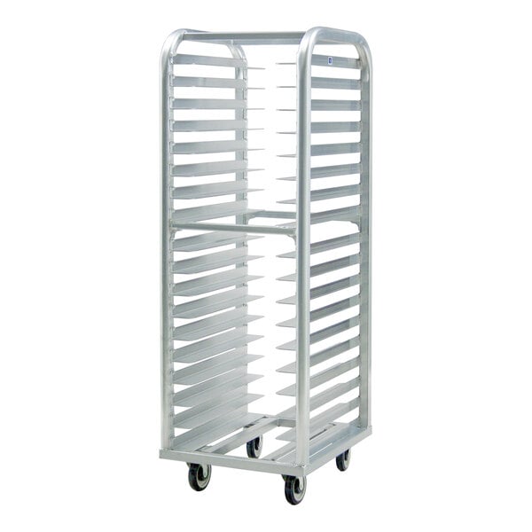 A full-size aluminum roll-in rack with multiple pan slots and four caster wheels.