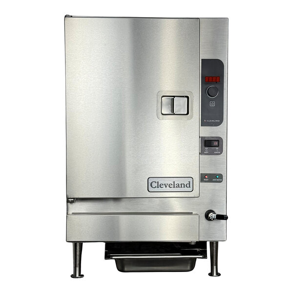 A stainless steel Cleveland 6-pan liquid propane countertop convection steamer with control panel and front handle.