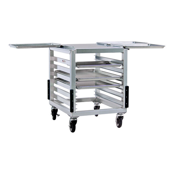 A heavy-duty aluminum slicer and mixer stand with 12 tray slides and two fold-out side shelves.