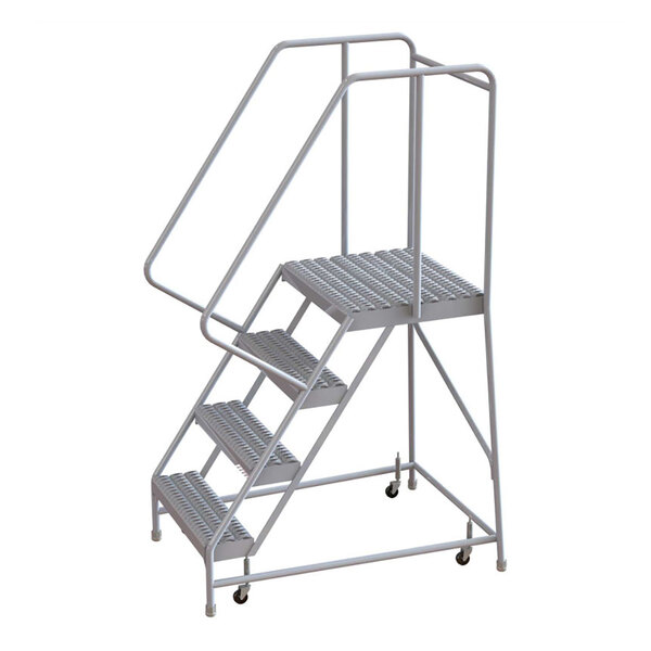 A four-step aluminum rolling safety ladder with serrated tread, wide steps, a deep top step, and handrails.