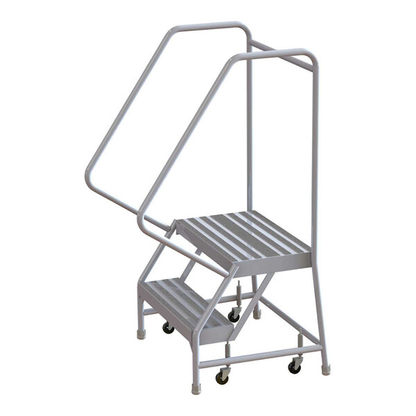 A two-step aluminum rolling safety ladder with ribbed tread, wide steps, a deep top step, and handrails.
