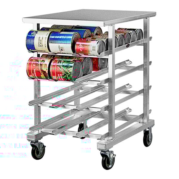 A heavy-duty half-size aluminum mobile can rack with an open top, designed to hold #10 and #5 cans.
