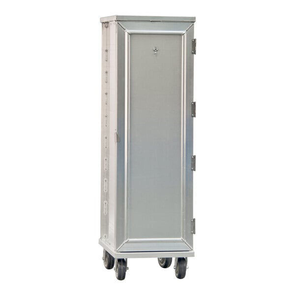 A full-size mobile aluminum enclosed sheet pan rack with a front-loading door and heavy-duty casters.