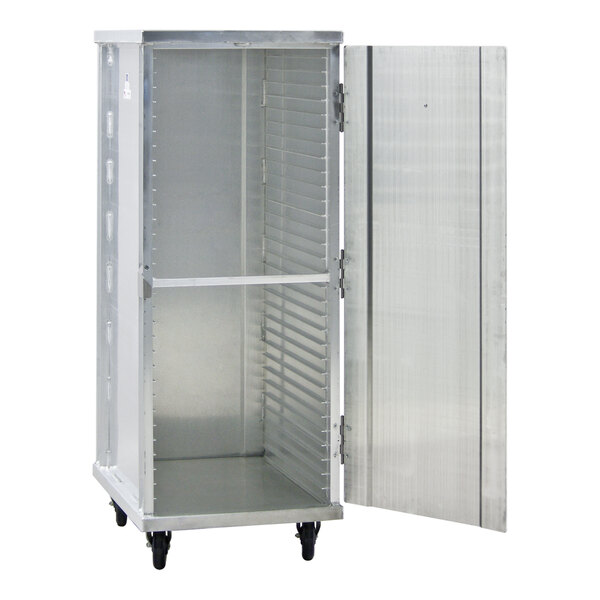 A heavy-duty, mobile aluminum enclosed sheet pan rack with a front-loading door and capacity for 40 pans.