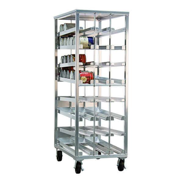 A heavy-duty full-size aluminum mobile can rack designed for FIFO storage of #10 cans.