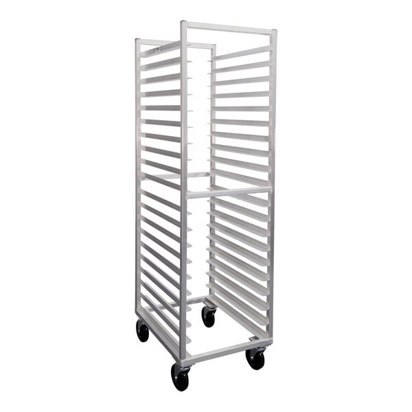 A mobile aluminum sheet pan rack with 20 end-load slots and four caster wheels.