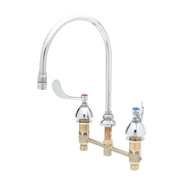 A T&S chrome deck-mount faucet with curved gooseneck and wrist action handles.