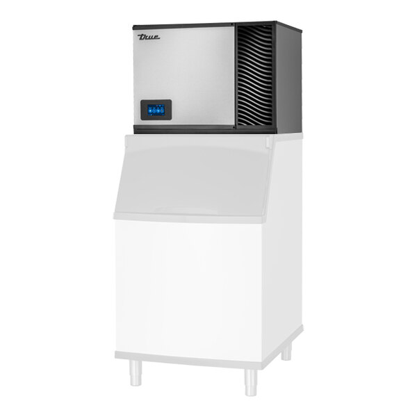 A commercial air-cooled large cube ice machine with antimicrobial protection and a storage bin.