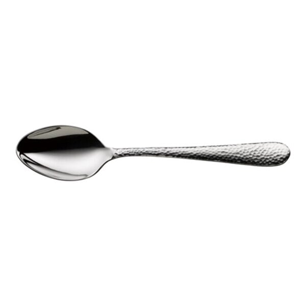 A large stainless steel teaspoon with a textured handle.