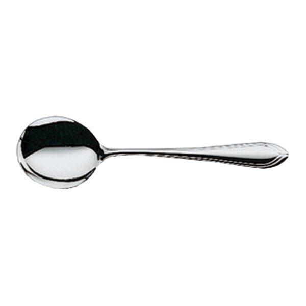 A stainless steel round bowl soup spoon with a polished finish and a slightly decorative handle.