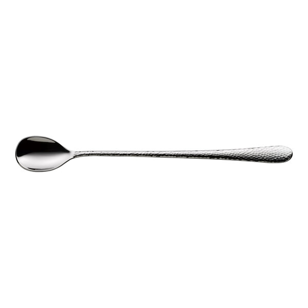 An extra heavy weight stainless steel iced tea spoon with a textured handle.