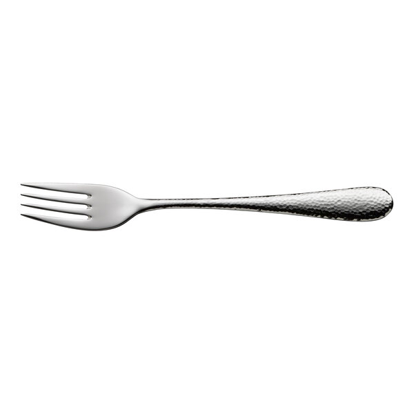 A stainless steel table fork with a textured handle.
