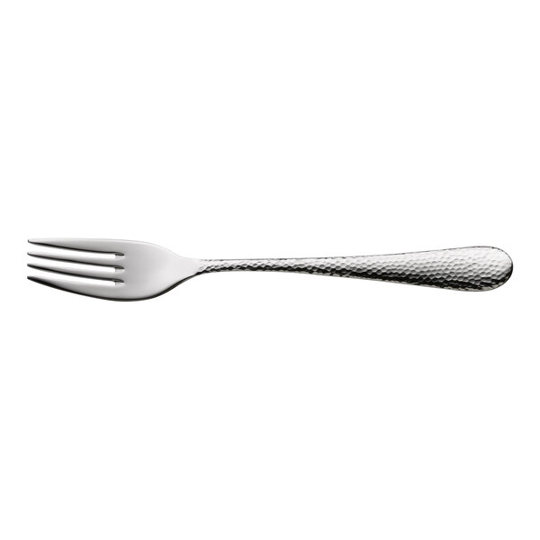 A stainless steel dessert fork with a textured handle.