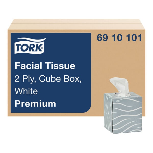 A case of Tork Premium 2-ply facial tissue cube boxes, each containing 86 sheets.