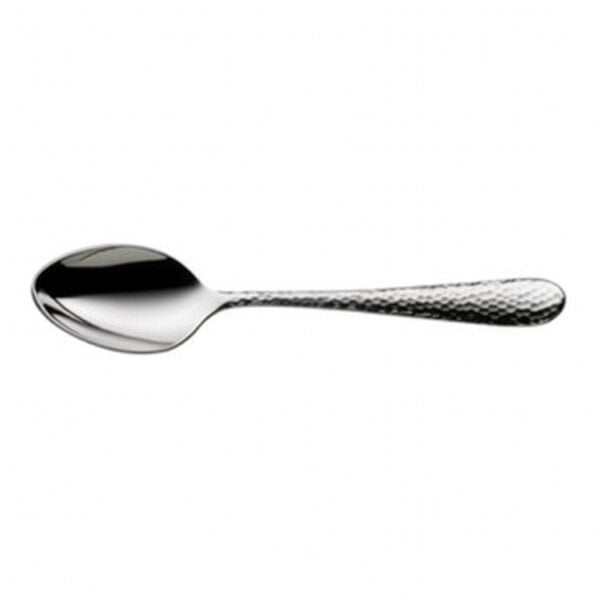 A stainless steel demitasse spoon with a textured handle.