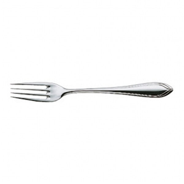 A stainless steel dessert fork with a simple, elegant design.