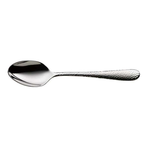 A stainless steel teaspoon with a textured handle.