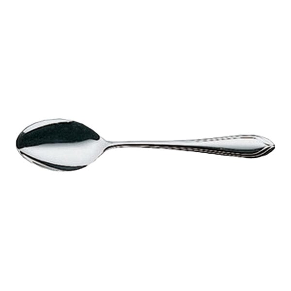 A stainless steel dessert spoon with a simple, elegant design.