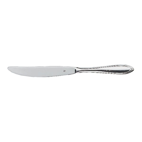 A stainless steel table knife with a polished finish and a slightly rounded tip.