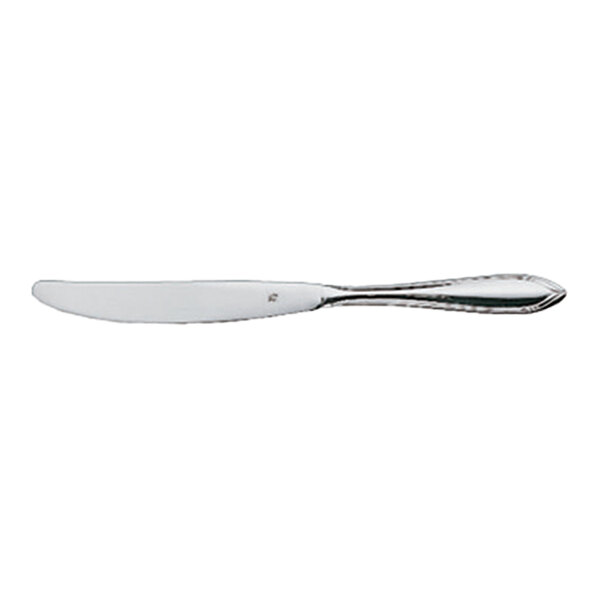 A stainless steel dessert knife with a polished finish and a slightly rounded blade.