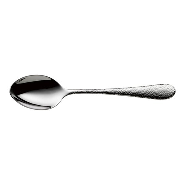 A stainless steel dessert spoon with a textured handle.
