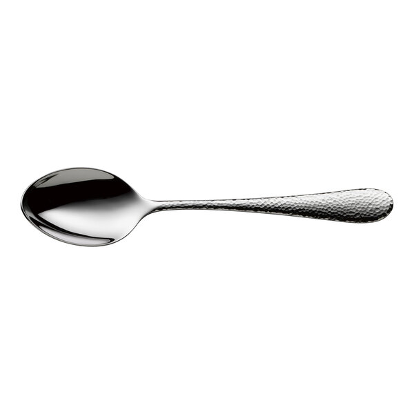A stainless steel dessert spoon with a textured handle.