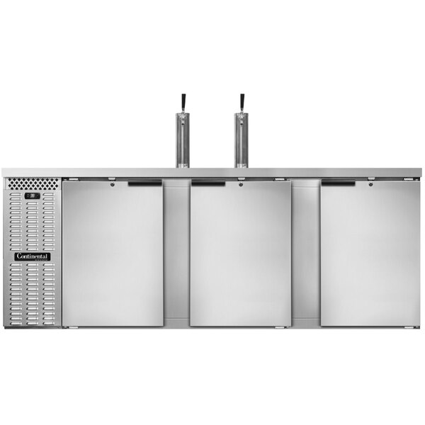 A stainless steel commercial beer dispenser with three doors and two tap towers.