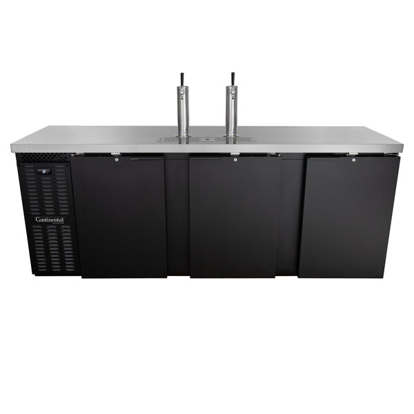 A large commercial beer dispenser with a stainless steel top, four black doors, and two tap towers.