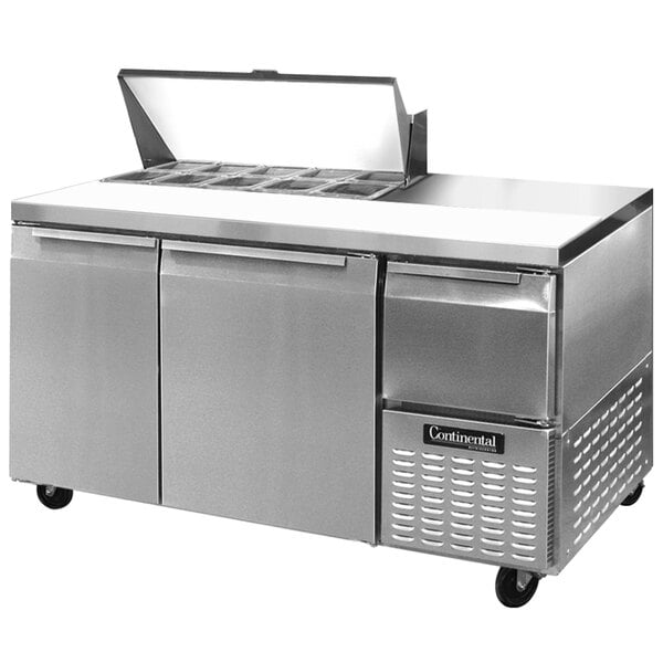 A stainless steel refrigerated sandwich prep table with multiple compartments and a lift-up lid.