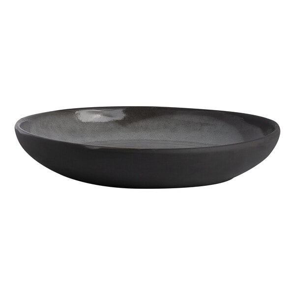 A round gray stoneware bowl with a shallow design.