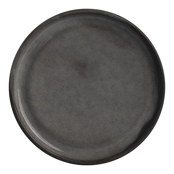 A round gray stoneware plate.