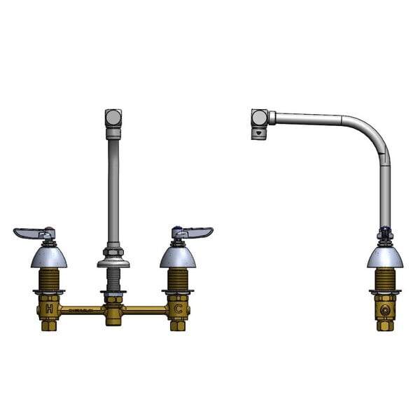 A drawing of a T&S deck-mount faucet with 2 handles.