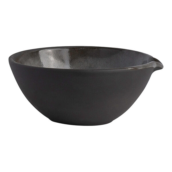 A round gray stoneware spouted bowl with a 12.5 oz. capacity.