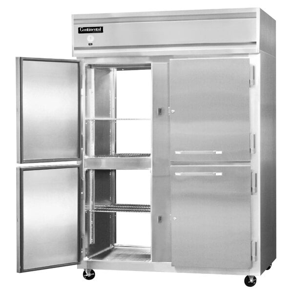 A stainless steel commercial reach-in refrigerator and freezer with multiple doors and shelves.