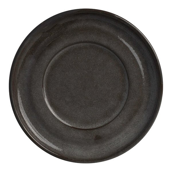 A round gray stoneware saucer.