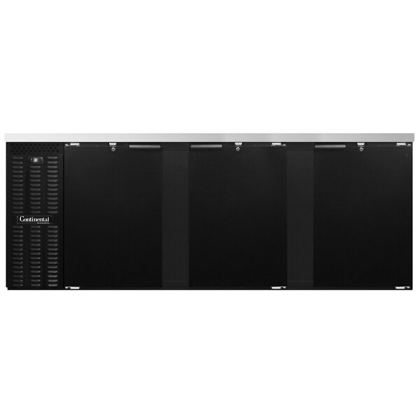 A commercial back bar refrigerator with three black doors and a stainless steel top.